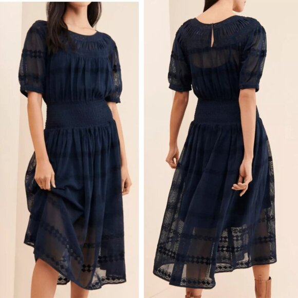 Anthropologie Dresses & Skirts - Anthropologie Carissa Navy Blue Puff Sleeve Semi-Sheer Midi Dress - 35774